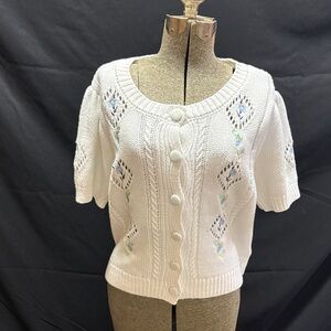 Rachel Zoe White Short-Sleeve Knit Cardigan with Embroidered Accents